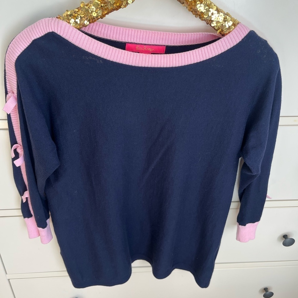 Lilly Pulitzer Larabee Coolmax Navy Blue and Pink Sweater with Bow Sleeved - Picture 3 of 8